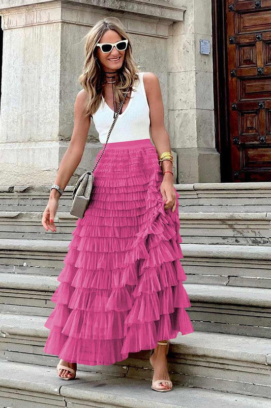 Ruffle Tulle Skirt in Fuschia