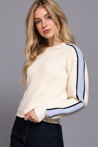 Cream With Blue Stripe Sleeve Sweater