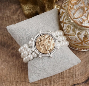 Cross Coin & Chunky Pearl Stretch Bracelt