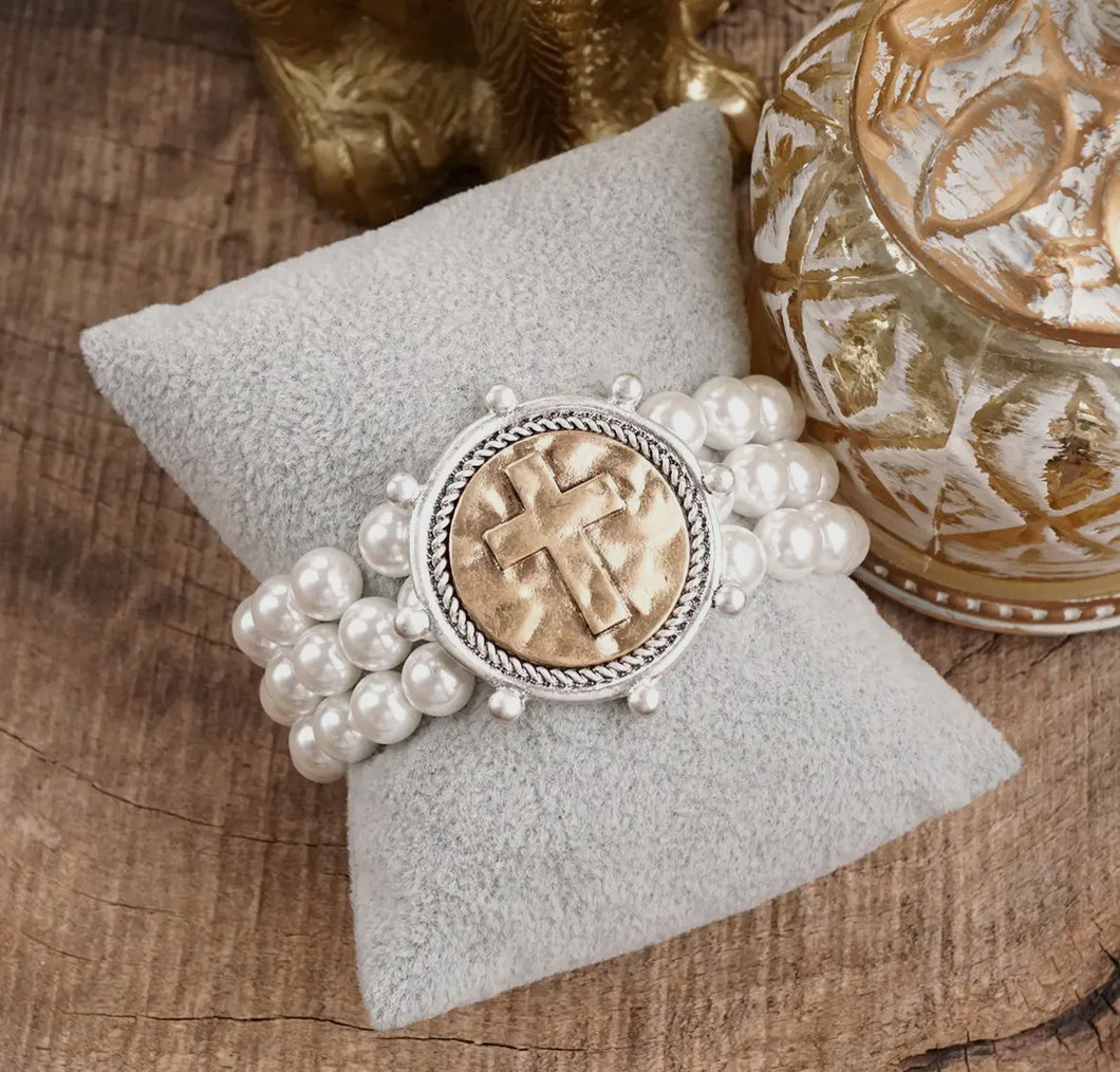 Cross Coin & Chunky Pearl Stretch Bracelt