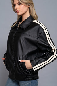 Faux Leather Jacket with Stripe