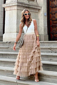 Ruffle Tulle Skirt in Beige