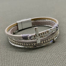 Load image into Gallery viewer, Blessed Cross Rhinestone Multi Layer Leather Bracelet in Silver or Bronze
