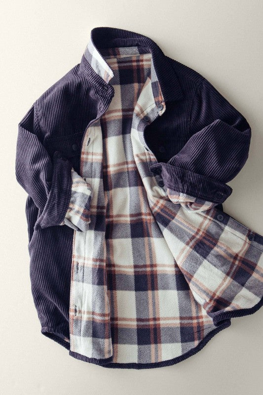 Corduroy & Plaid Reversible Jacket in Black