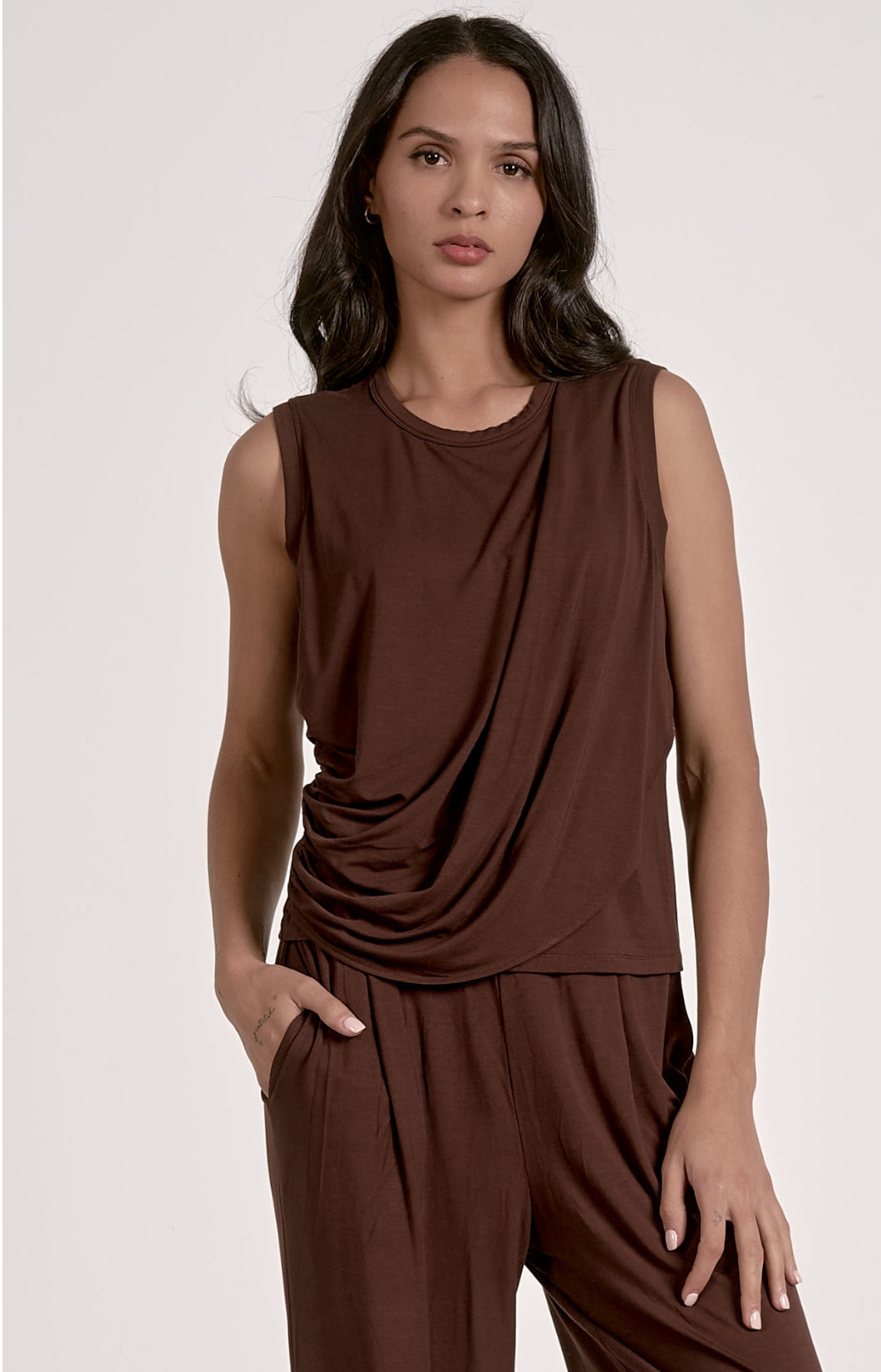 Side Drape Sleeveless Top in Cocoa