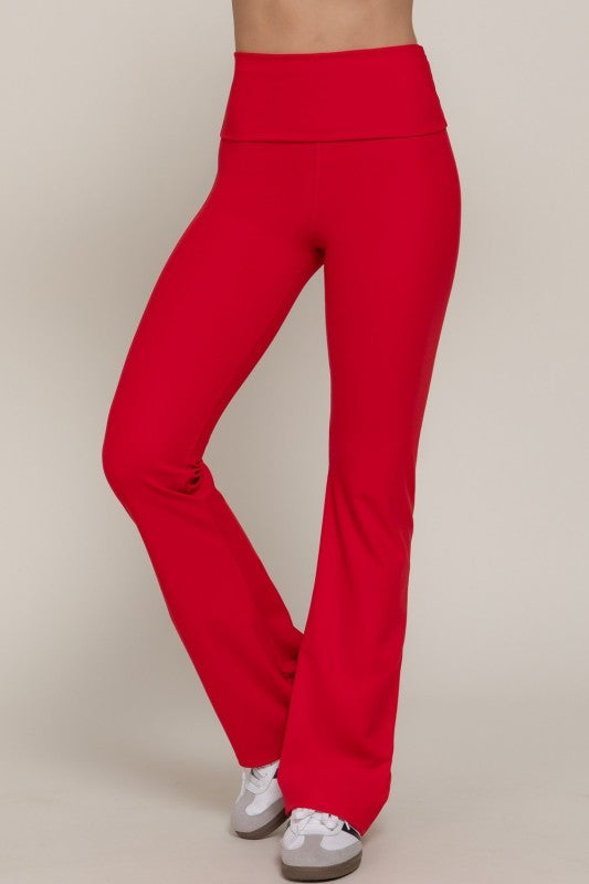 Red Waist Fold Over Flare Leggings