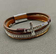 Load image into Gallery viewer, Blessed Cross Rhinestone Multi Layer Leather Bracelet in Silver or Bronze
