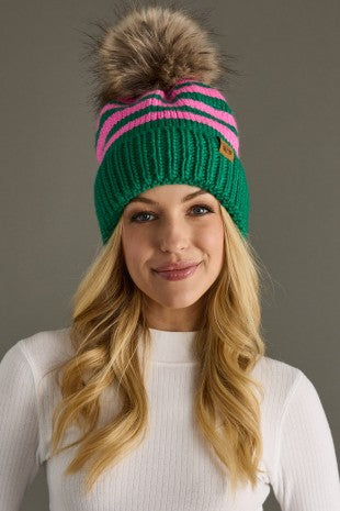 Green & Pink Striped Pom Hat