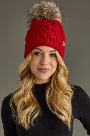 Red Cable Knit Pom Hat