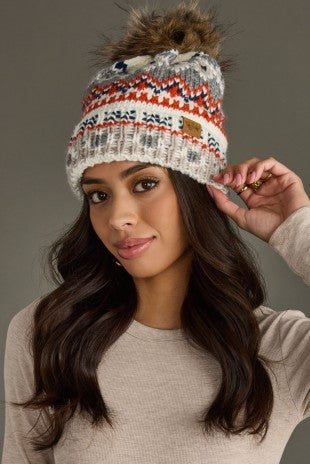 White, Navy & Orange Pattern Pom Hat