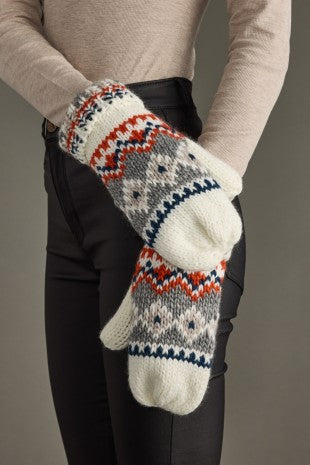 White, Navy & Orange Pattern Mittens
