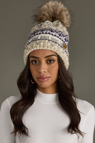 White, Purple & Taupe Pattern Pom Hat