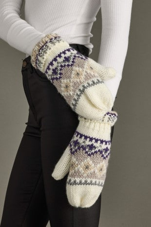 White, Purple & Taupe Patterned Mittens