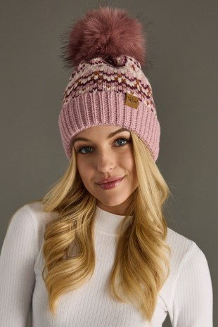Pink, White & Rust Pattern Pom Hat