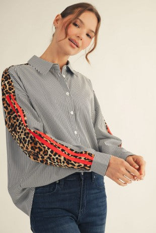 Leopard Contrast Pinstripe Button Down Top
