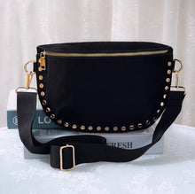 Load image into Gallery viewer, Carina Suede Studded Crossbody Bag in Black and Burgundy
