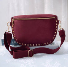 Load image into Gallery viewer, Carina Suede Studded Crossbody Bag in Black and Burgundy
