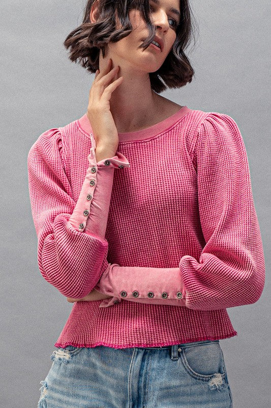Waffle Knit Puff Sleeve Top
