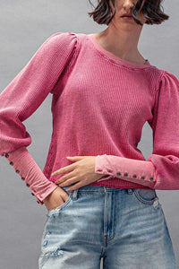 Waffle Knit Puff Sleeve Top