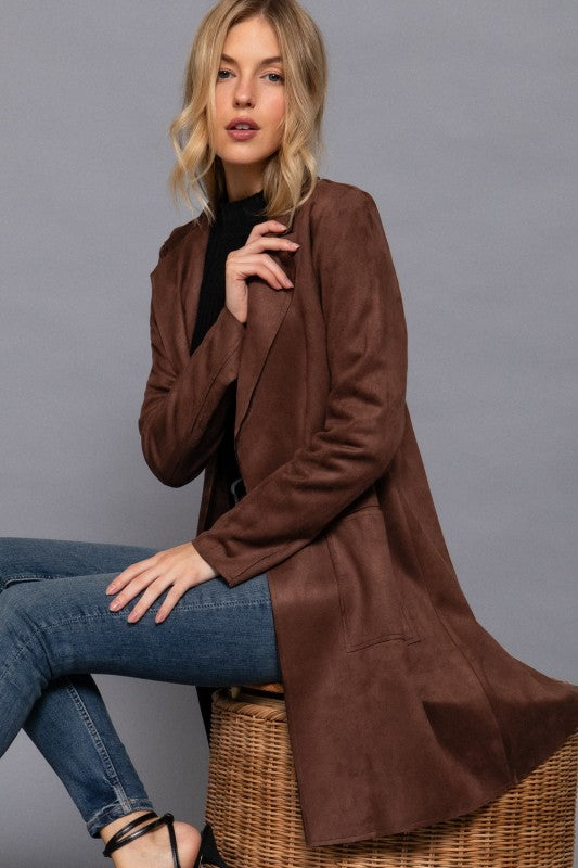 Faux Suede Jacket in Dark Brown