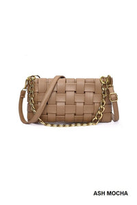 Faux Leather Woven Shoulder Bag in Taupe & Black