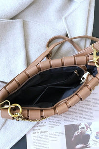 Faux Leather Woven Shoulder Bag in Taupe & Black