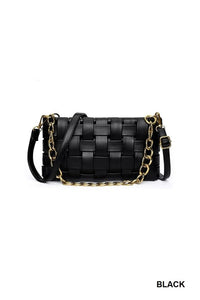 Faux Leather Woven Shoulder Bag in Taupe & Black