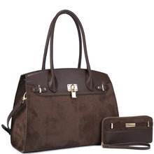 Load image into Gallery viewer, Coffee Faux Suede/Leather Satchel With Matching Wallet
