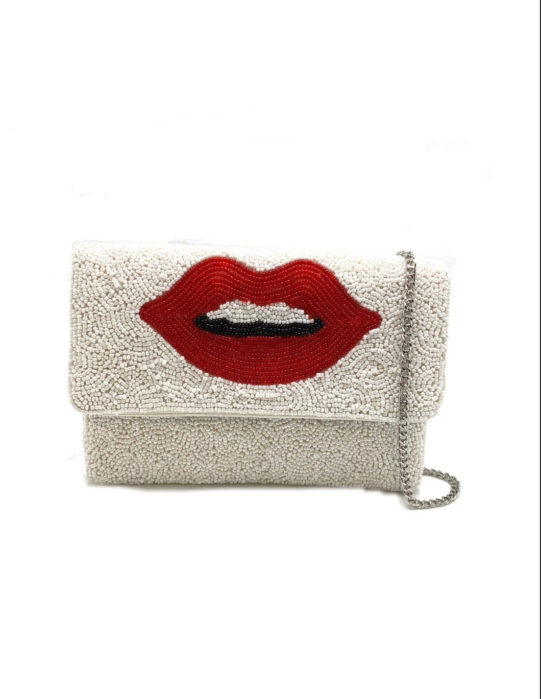 Red Lips Beaded Clutch in White